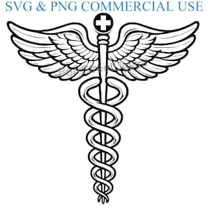 Può includere: Un'illustrazione in bianco e nero del Caduceo, un simbolo associato alla medicina e alla guarigione. Presenta un bastone con un serpente avvolto attorno e ali nella parte superiore.