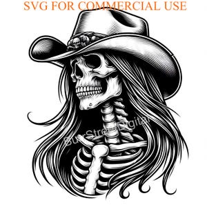 May include: Black and white illustration of a skull wearing a cowboy hat with long flowing hair. The skull has a detailed ribcage and a toothy grin.
