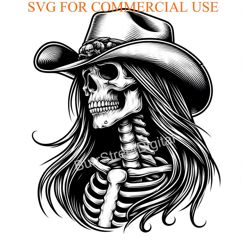 May include: Black and white illustration of a skull wearing a cowboy hat with long flowing hair. The skull has a detailed ribcage and a toothy grin.