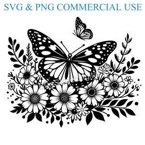 May include: A monochrome floral design with a large butterfly and smaller butterfly, surrounded by daisies and foliage. The text "SVG & PNG COMMERCIAL USE" is at the top.