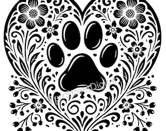 Floral Heart Paw Print SVG PNG, Laser Cut Files (Digital Download)