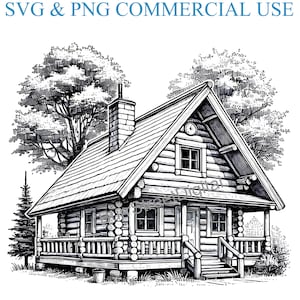May include: Black and white line drawing illustration of a log cabin with a porch and a tree in the background.