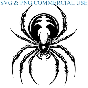 May include: Black and white vector illustration of a spider with eight legs and a large, round abdomen. The spider is facing forward with its legs spread out.