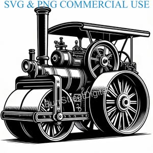 May include: Black and white illustration of a vintage steamroller with a large front roller and a smaller rear roller. The steamroller has a large, round boiler and a tall smokestack.