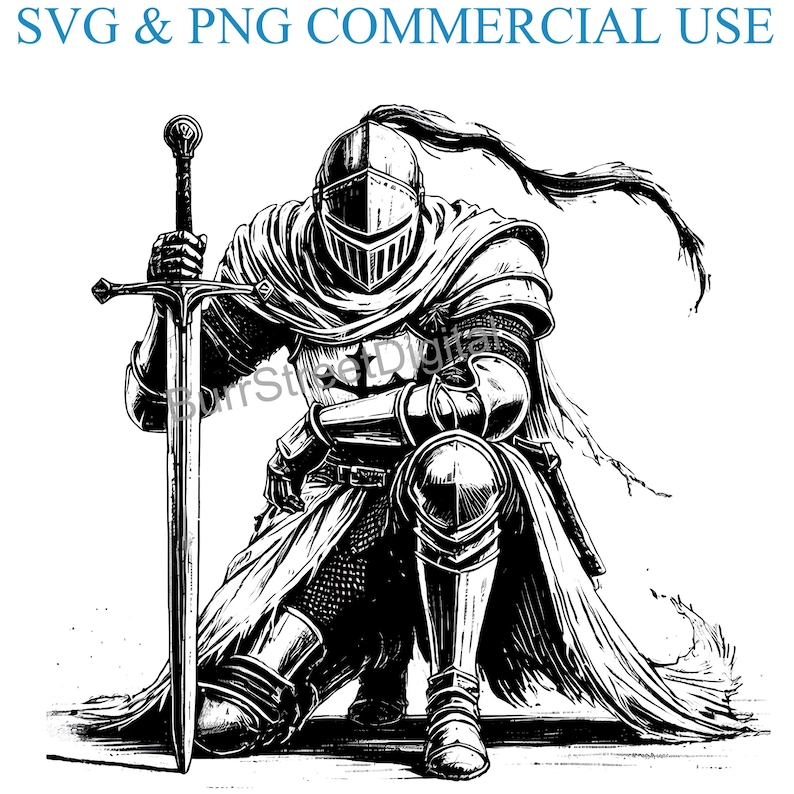 May include: Black and white illustration of a kneeling knight in armor holding a sword. The knight is wearing a helmet and a cloak. The sword is held upright in front of the knight.