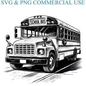 May include: Black and white line art illustration of a school bus. The bus has the words "SCHOOL BUS" on the front. The bus is driving on a road.
