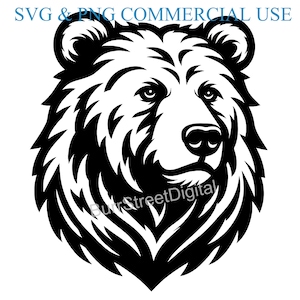 May include: Black and white illustration of a bear's head with a detailed fur pattern. The bear is looking to the right.