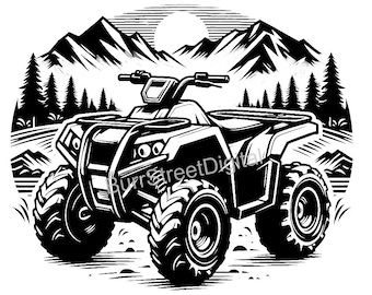 May include: Black and white illustration of an ATV driving through a mountainous landscape. The ATV has large tires and a front bumper. The background features mountains, trees, and a sun.