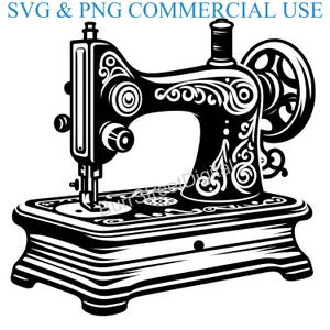 May include: Black and white illustration of a vintage sewing machine with intricate floral designs. The machine has a foot pedal and a spool of thread.