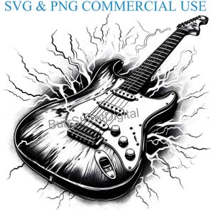 May include: Black and white illustration of an electric guitar with lightning bolts behind it. The guitar has a textured wood grain finish and a white pickguard.