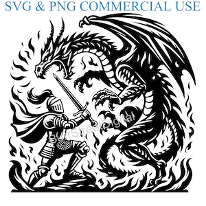 Knight Fighting Dragon SVG & PNG Digital Files, Vector Graphic Design Print Laser Engrave Files, Instant Digital Download