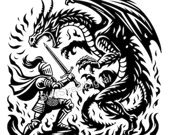 Knight Fighting Dragon Vector Graphic, Laser Engrave Design (SVG & PNG Digital Files)