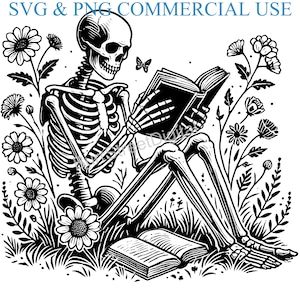 May include: A black and white illustration of a skeleton sitting in a field of flowers and reading a book. The skeleton is wearing a simple outfit and has a relaxed posture. The flowers are in bloom and the scene is peaceful.