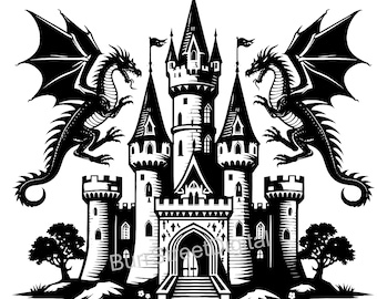 Pode incluir: Ilustração em preto e branco de um castelo medieval com dois dragões de cada lado. O castelo tem uma alta torre central e várias torres menores. Os dragões têm as asas abertas e estão de frente um para o outro.