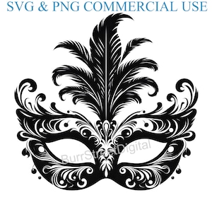 Pode incluir: Silhueta preta e branca de uma máscara de carnaval com detalhes intrincados e uma grande pena no topo.