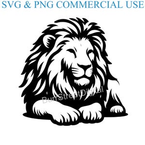 May include: Black and white line art illustration of a lion with a thick mane, lying down with its paws crossed in front of it.