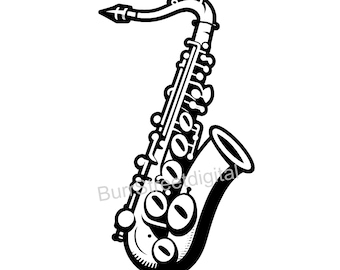 May include: A black and white cartoon-style illustration of a saxophone. The image includes the text "SVG & PNG COMMERCIAL USE". The saxophone features detailed keys and a bell, set against a white background.