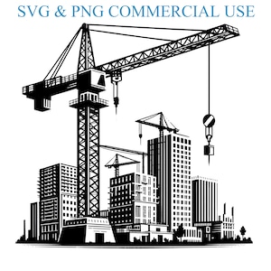May include: Black and white illustration of a construction site with a crane lifting a load. The crane is in the center of the image, with buildings in the background.