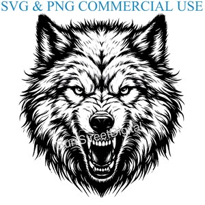 May include: Black and white illustration of a wolf's head with a snarling expression. The wolf's fur is detailed with lines and the mouth is open, showing sharp teeth.