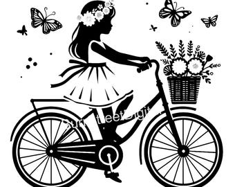 Girl on Bike with Flowers SVG, PNG, Vector Graphics (Digital Download)