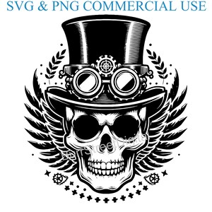 May include: Black and white illustration of a skull wearing a top hat with goggles and wings. The skull has a toothy grin and is surrounded by stars and gears.