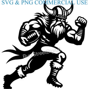May include: Black and white illustration of a Viking football player running with the ball. He is wearing a horned helmet, a beard, and a loincloth. The image is in a cartoon style.