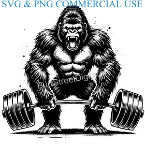 May include: A black and white illustration of a gorilla lifting a barbell. The gorilla is muscular and has a determined expression on its face. The barbell is made up of two heavy weight plates on each side.