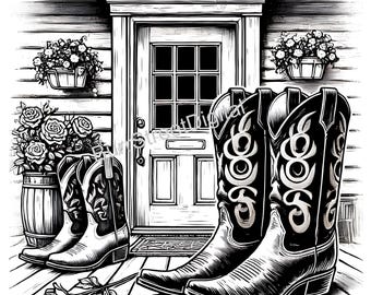 Cowboy Boots SVG PNG, Porch Scene (Digital Download)