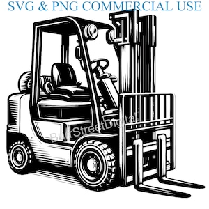May include: Black and white illustration of a forklift with a raised set of forks. The forklift has a driver's seat and a large steering wheel.