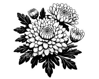 May include: Black and white silhouette of a bouquet of chrysanthemums with leaves.