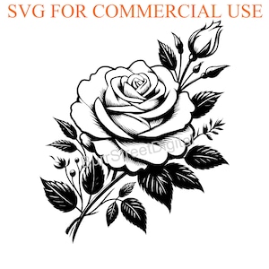 May include: Black and white silhouette of a single rose with leaves and buds. The rose is in full bloom and has a classic, elegant design.
