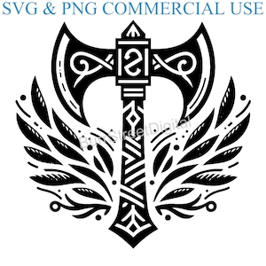 May include: Black and white illustration of a double-headed axe with a decorative handle and a leafy design behind it.