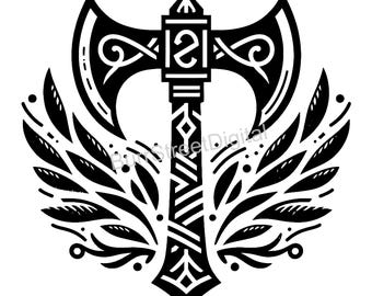 May include: Black and white illustration of a double-headed axe with a decorative handle and a leafy design behind it.
