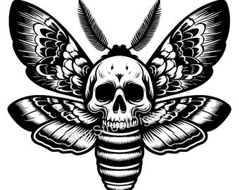 May include: Black and white illustration of a moth with a skull head. The moth has large wings with intricate details and a segmented body.