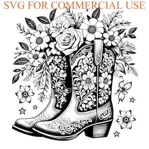 May include: Black and white line art illustration of a pair of cowboy boots with floral designs. The boots are filled with flowers and leaves.