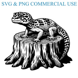 Leopard Gecko on a Tree Stump SVG & PNG Digital Files, Laser Engraving, Commercial Use, Instant Digital Download