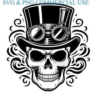 May include: Black and white illustration of a skull wearing a top hat and steampunk goggles. The skull has a detailed design with visible teeth and eye sockets. The image includes the text "SVG & PNG COMMERCIAL USE".