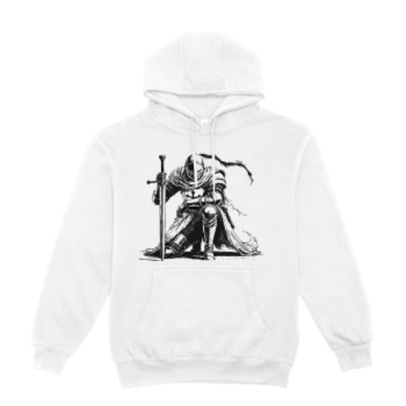 May include: White hooded sweatshirt with a black and white illustration of a kneeling knight holding a sword.