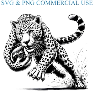 May include: Black and white illustration of a jaguar running with a football in its mouth. The jaguar is in mid-air, with its paws outstretched. The background is a white surface with black splatters.