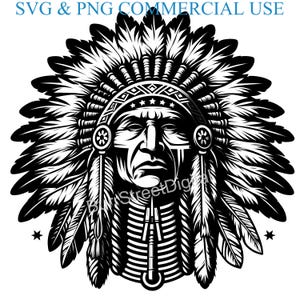 May include: Black and white illustration of a Native American man wearing a traditional headdress with feathers. The man has a serious expression on his face.