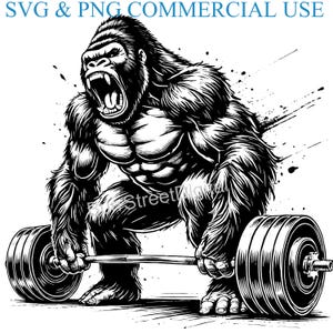 Könnte beinhalten: Schwarzweiß-Illustration eines muskulösen Gorillas, der eine Langhantel hochhebt. Der Gorilla brüllt und hat einen entschlossenen Ausdruck im Gesicht. Die Langhantel ist aus Metall und hat an jedem Ende Gewichtsplatten.