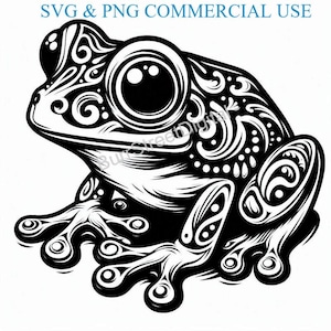 Puede incluir: Ilustración en blanco y negro de una rana con intrincados patrones detallados que cubren su cuerpo. La rana tiene ojos grandes y redondos y una boca ancha.
