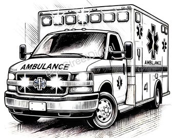 May include: Black and white line art illustration of an ambulance. The ambulance has the word "AMBULANCE" written on the front and side of the vehicle. The vehicle has a large star of life symbol on the side.
