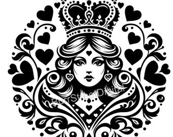 Queen of Hearts SVG & PNG Digital Files, Vector Graphic Design Print Laser Engrave Files, Instant Digital Download