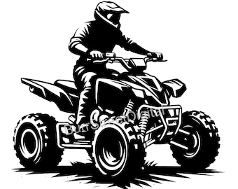 May include: Black and white illustration of a person riding an ATV. The ATV has four wheels and a rider with a helmet.
