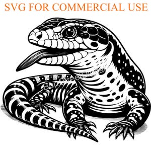 May include: Black and white line art illustration of a lizard with a long tongue sticking out. The lizard has a spotted pattern on its body and a striped pattern on its tail.