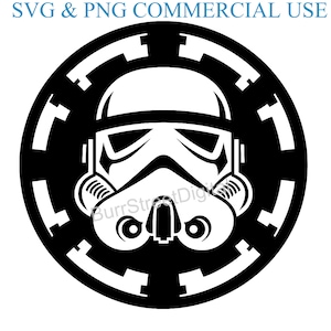 May include: Black and white illustration of a Star Wars Stormtrooper helmet inside a circle with a repeating pattern of interlocking shapes.