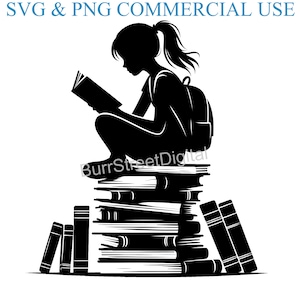 May include: Black and white silhouette of a person sitting on a stack of books and reading a book. The person is wearing a backpack.