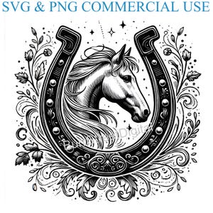 Peut inclure: Illustration en noir et blanc d'une tête de cheval à l'intérieur d'un fer à cheval avec un motif floral. Le fer à cheval est décoré de petits cercles et le motif floral est complexe.