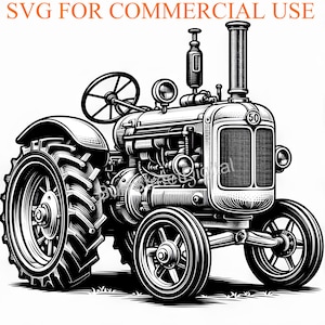 May include: Black and white line art illustration of a vintage tractor. The tractor has large wheels and a detailed engine. The tractor has the number 50 on the side.